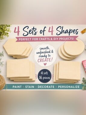 4 Sets of 4 Unfinished Wood Craft Shapes | 16 Pieces | 5/8” Thick DIY Blanks